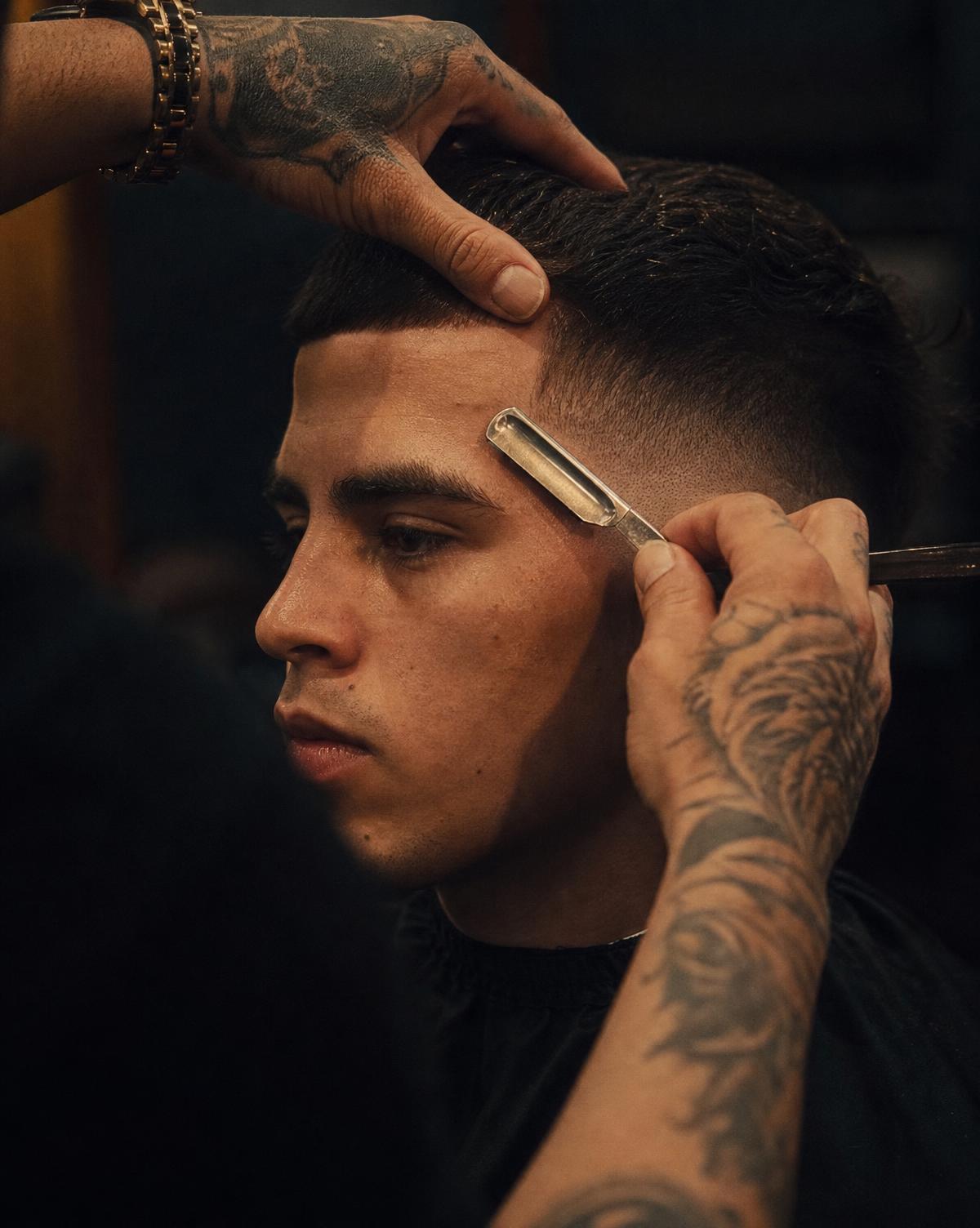 Close-up of a fade being lined up with a straight razor