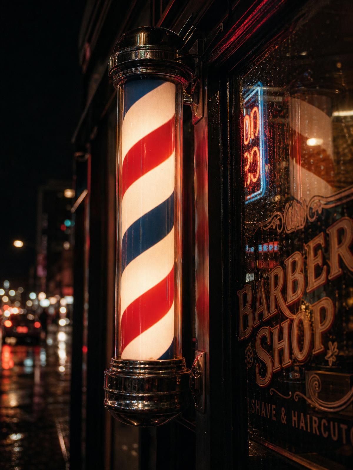 Traditional red, white and blue barber pole at night
