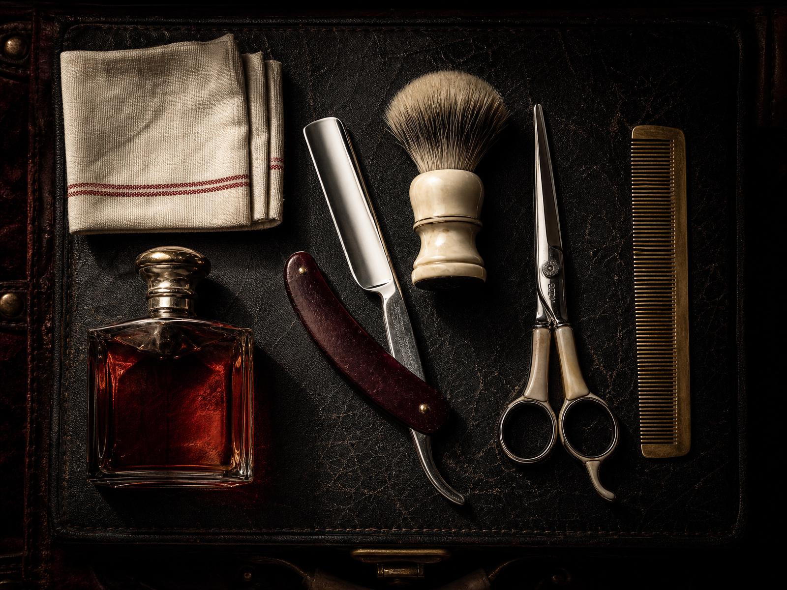 Barber tools laid out on aged leather